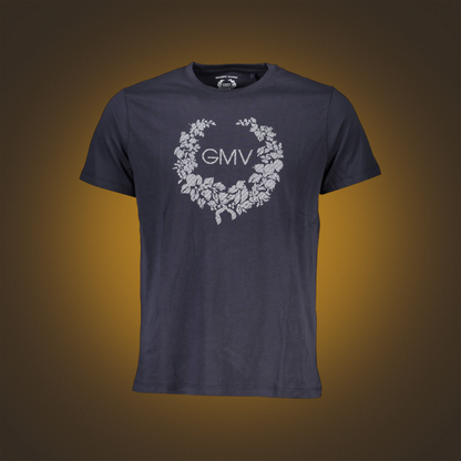 Camiseta azul noche de liquidationlive con cuello redondo y estampado floral con logo GMV en el pecho