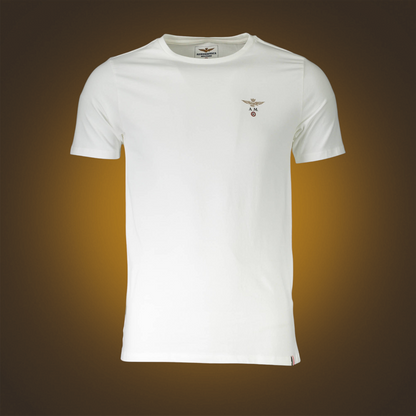 Camiseta blanca de manga corta Aeronautica Militare con logo bordado en el pecho, estilo casual de liquidationlive