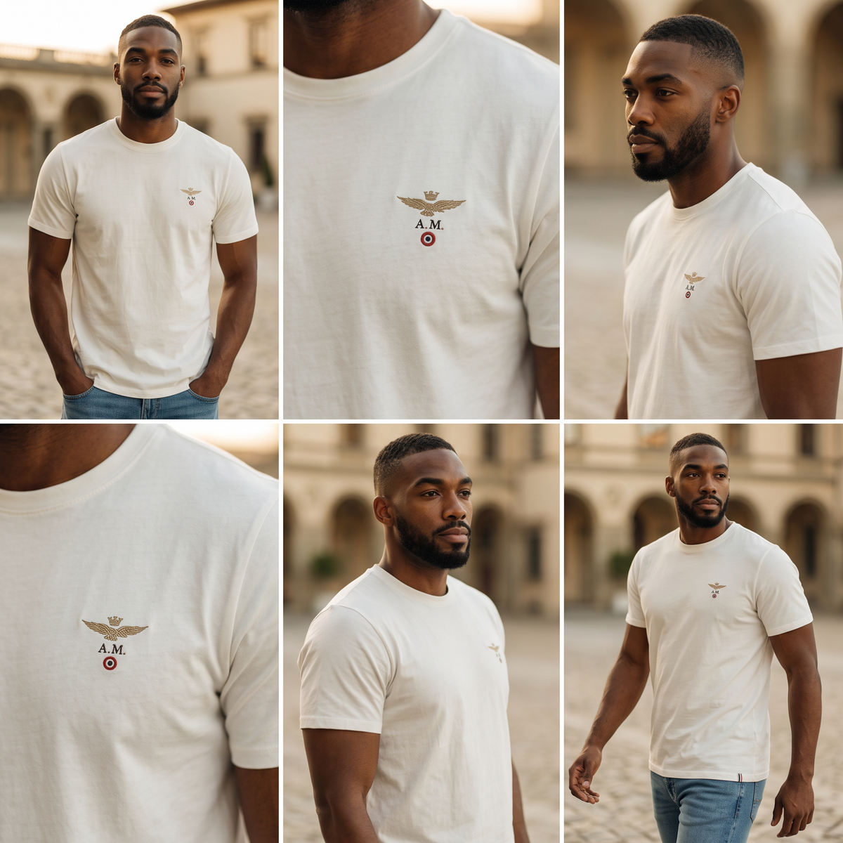 Hombre vistiendo camiseta blanca de cuello redondo Aeronautica Militare con logo de águila bordado en el pecho