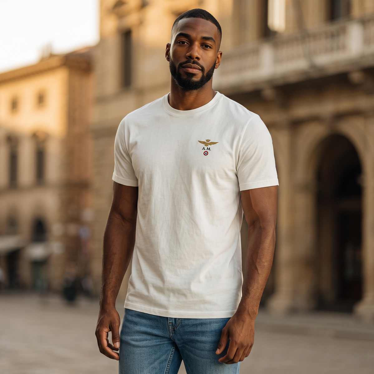 Hombre vistiendo camiseta blanca de manga corta Aeronautica Militare con logo de alas en el pecho en entorno urbano