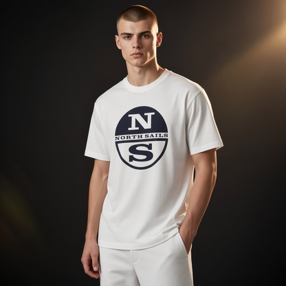 Hombre vistiendo camiseta blanca de cuello redondo con logotipo circular de North Sails de liquidationlive