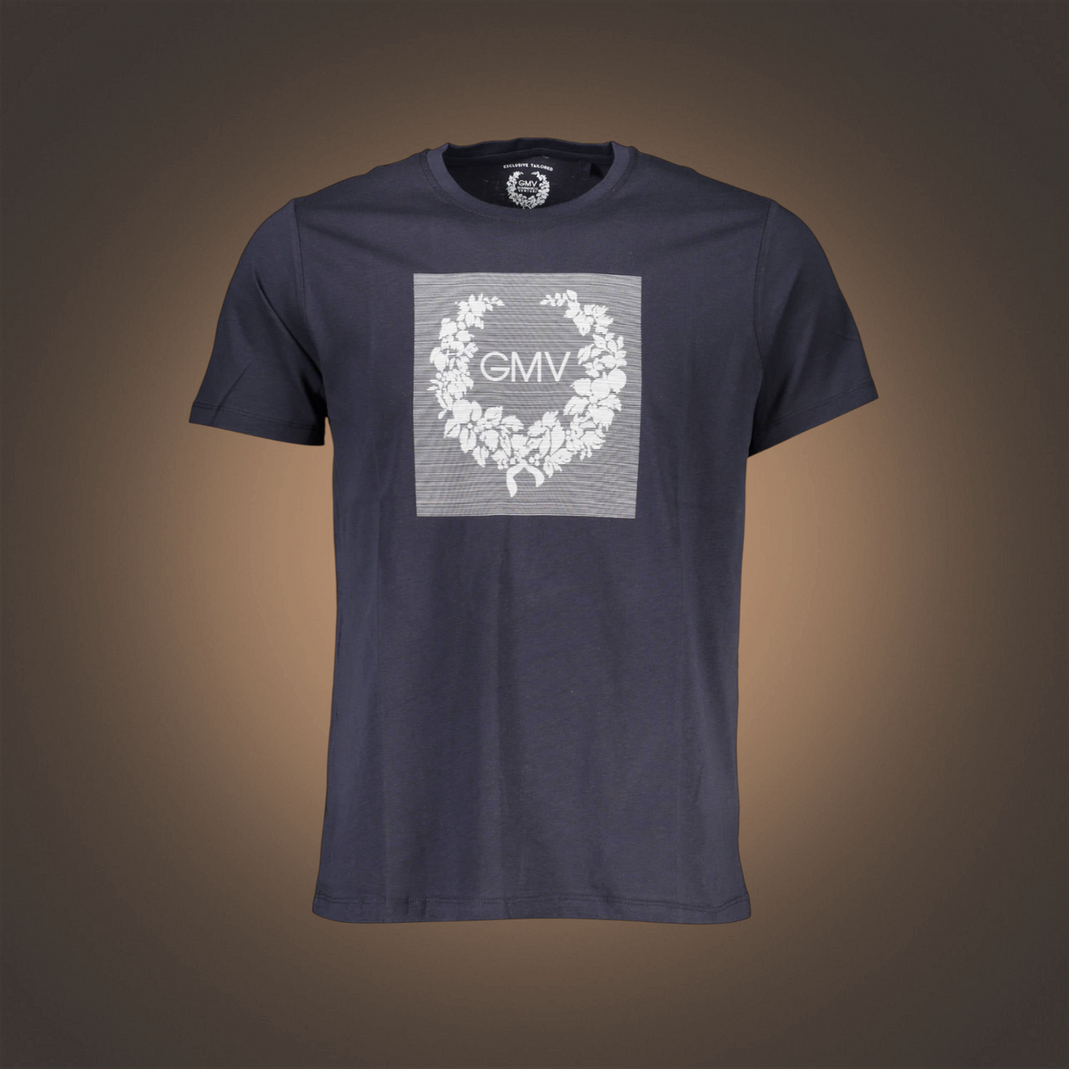 Camiseta liquidationlive Gian Marco Venturi azul noche de manga corta con cuello redondo y estampado floral con logo GMV