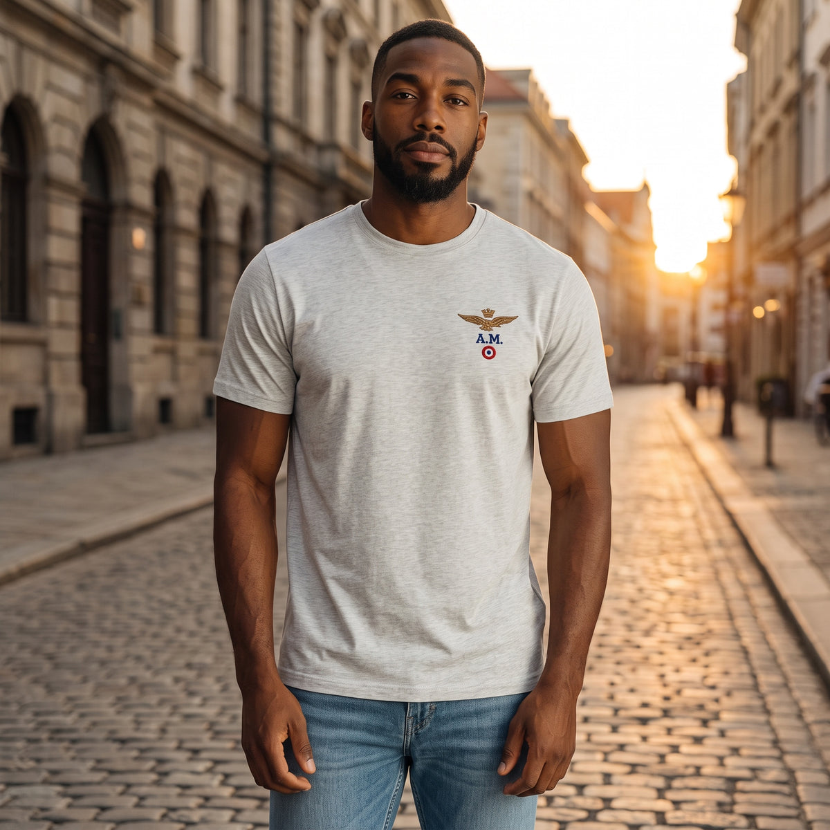Hombre con camiseta gris de cuello redondo Aeronautica Militare con logo de aviador en una calle empedrada al atardecer