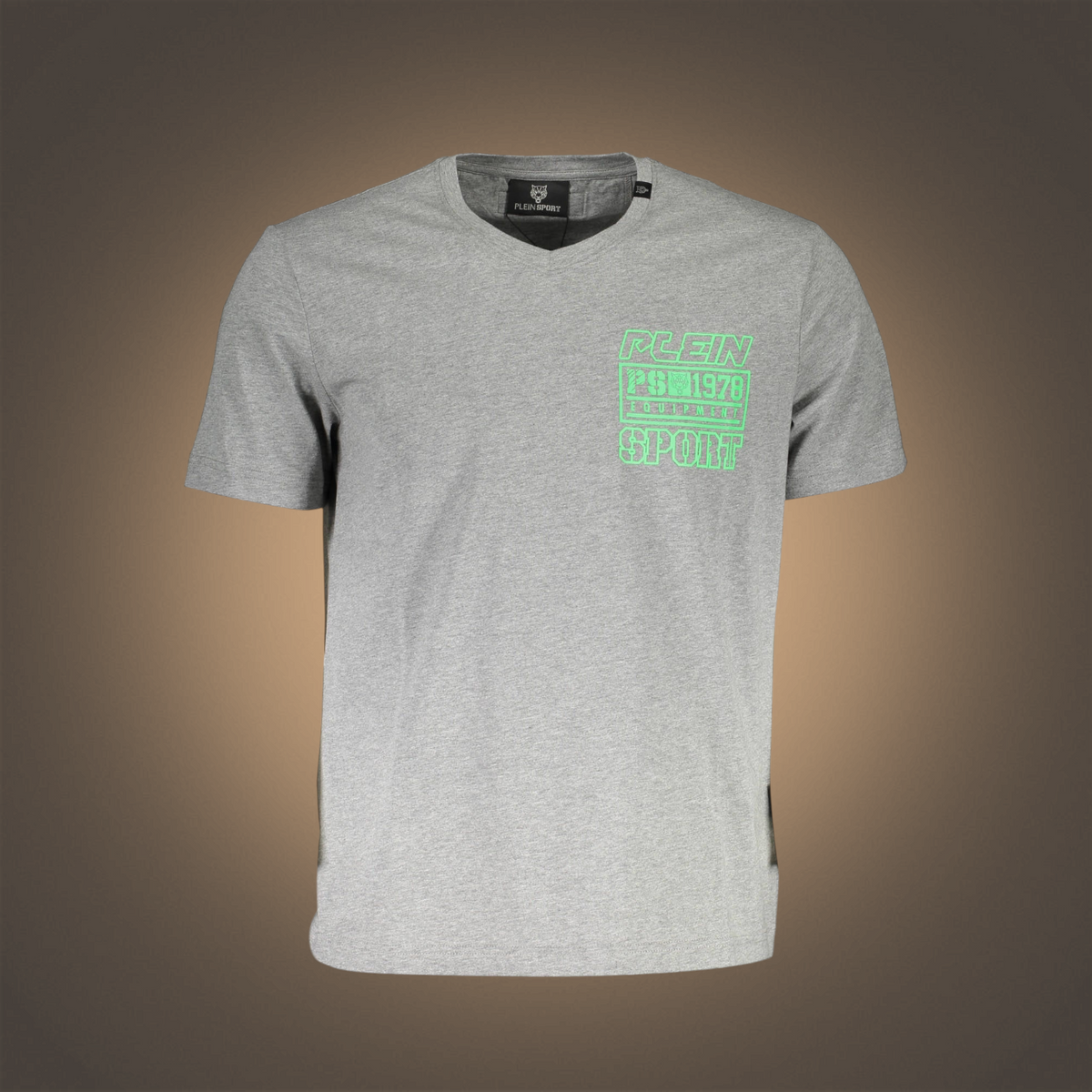 Camiseta gris de manga corta liquidationlive con cuello en V y estampado gráfico verde neón en el pecho