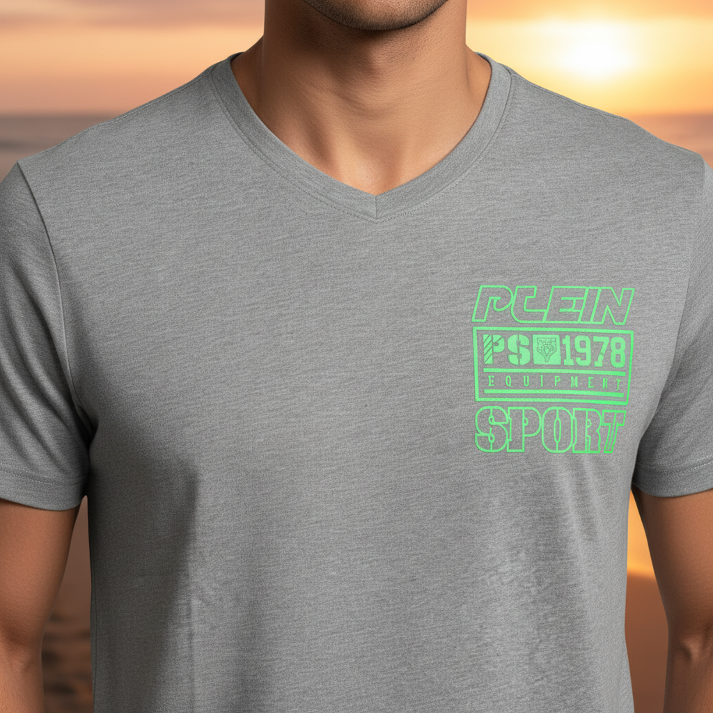 Camiseta gris liquidationlive con cuello en V y estampado gráfico verde en el pecho para un estilo deportivo