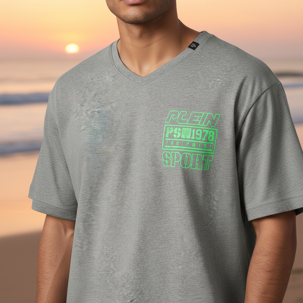 Camiseta gris de cuello en V Plein Sport con estampado verde en el pecho, estilo deportivo casual en la playa