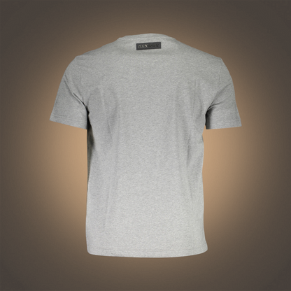 Vista trasera de camiseta gris liquidationlive con cuello en V y etiqueta de marca en la nuca