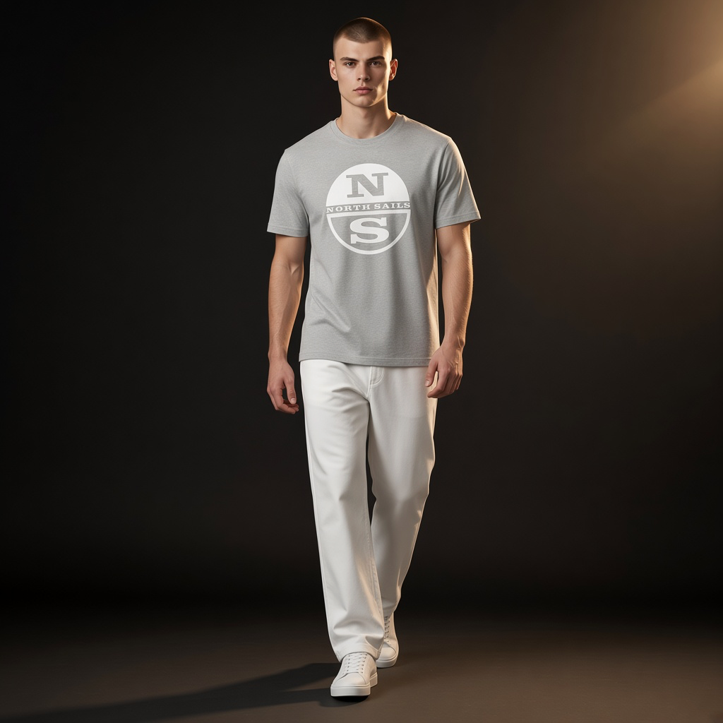 Camiseta gris de cuello redondo North Sails con logotipo estampado, combinada con pantalones blancos por liquidationlive