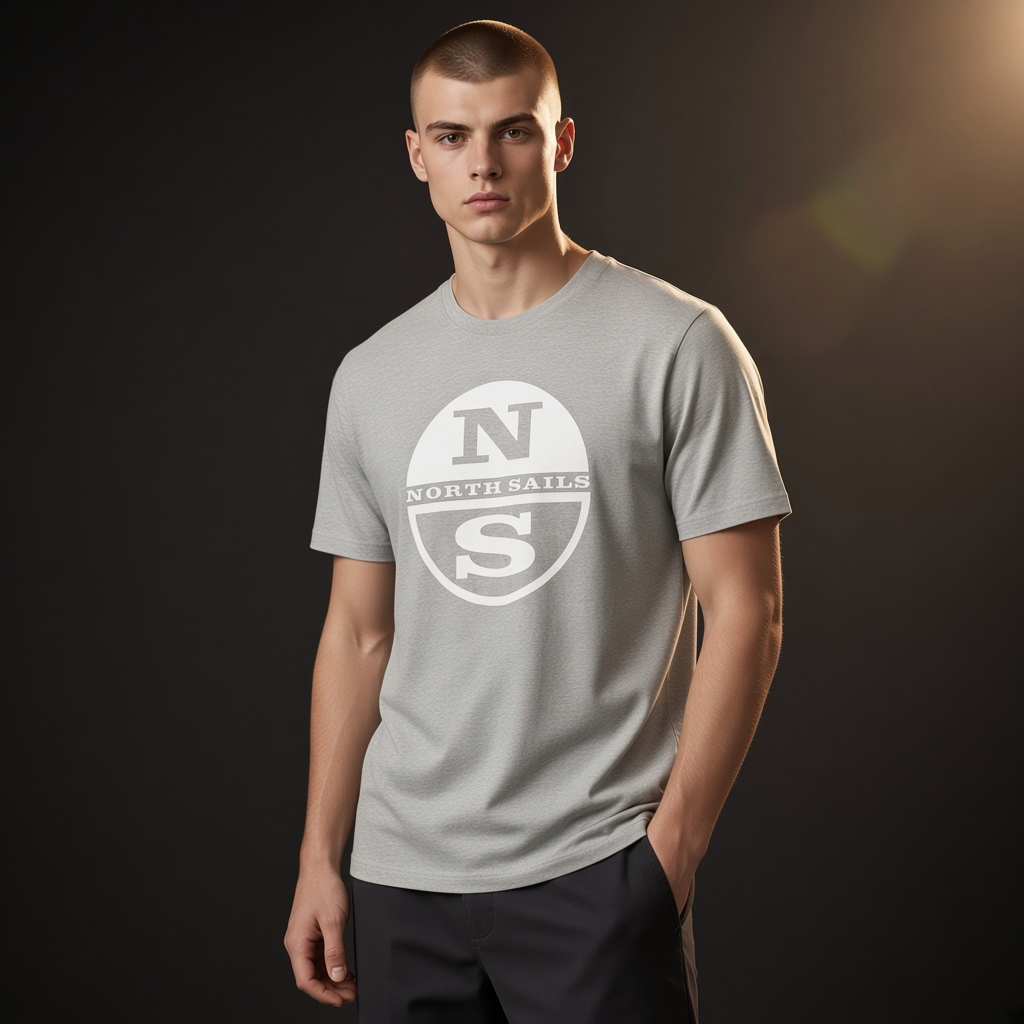 Hombre con camiseta gris de cuello redondo y logotipo de North Sails de liquidationlive sobre fondo oscuro