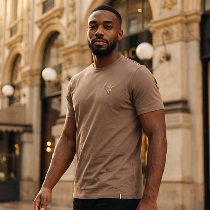 Hombre vistiendo camiseta marrón de cuello redondo Aeronautica Militare con logo de alas en el pecho en entorno urbano