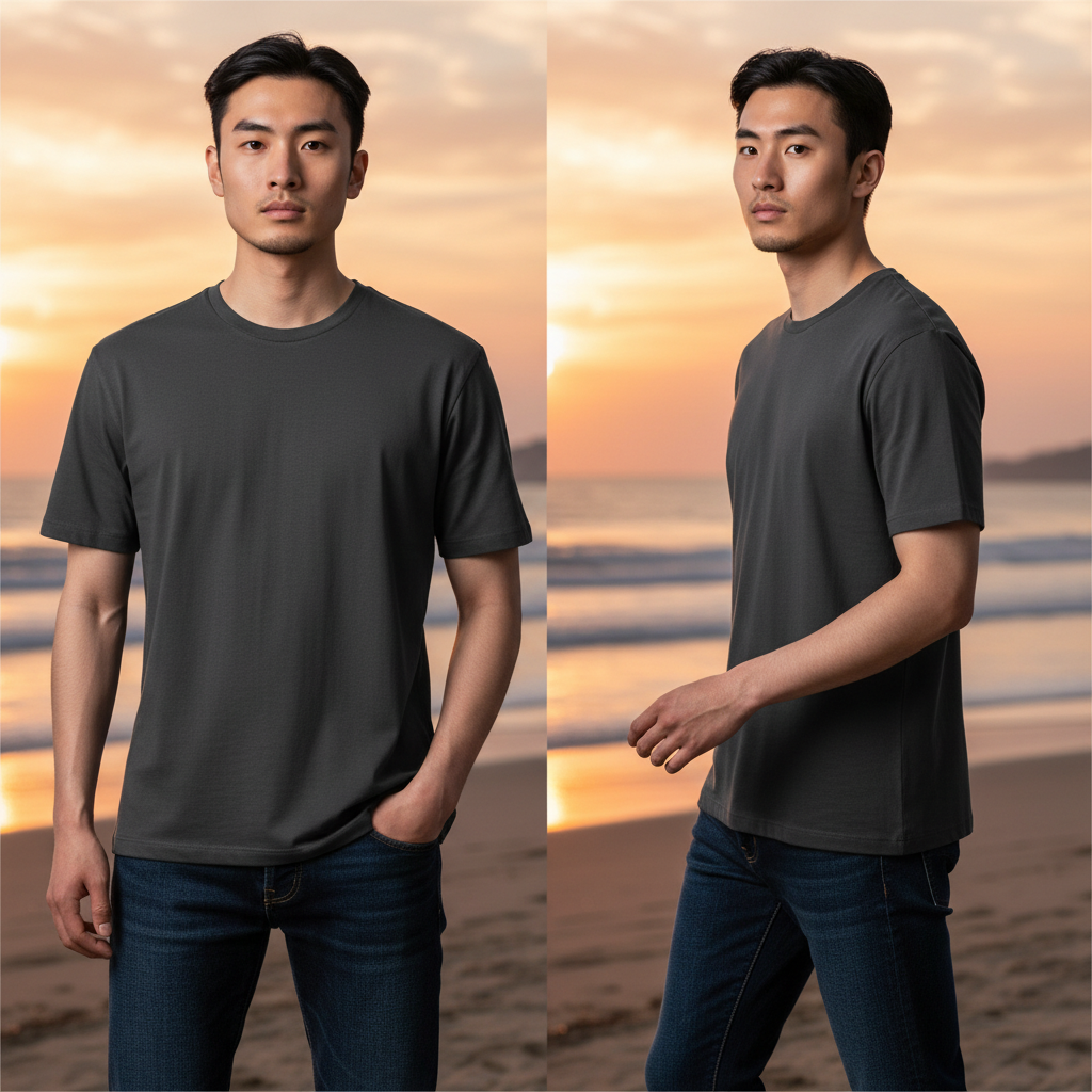 Modelo vistiendo camiseta negra de manga corta Calvin Klein de liquidationlive en una playa al atardecer