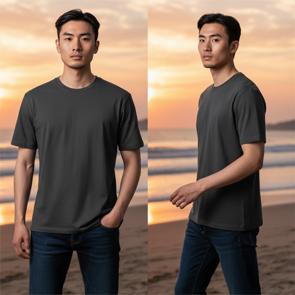 Modelo vistiendo camiseta negra de manga corta Calvin Klein de liquidationlive en una playa al atardecer