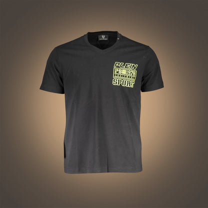 Camiseta negra liquidationlive con cuello en V y estampado gráfico amarillo de Plein Sport en el pecho