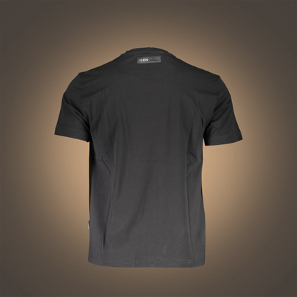 Vista trasera de camiseta negra Plein Sport con etiqueta de logo en el cuello, manga corta y corte casual