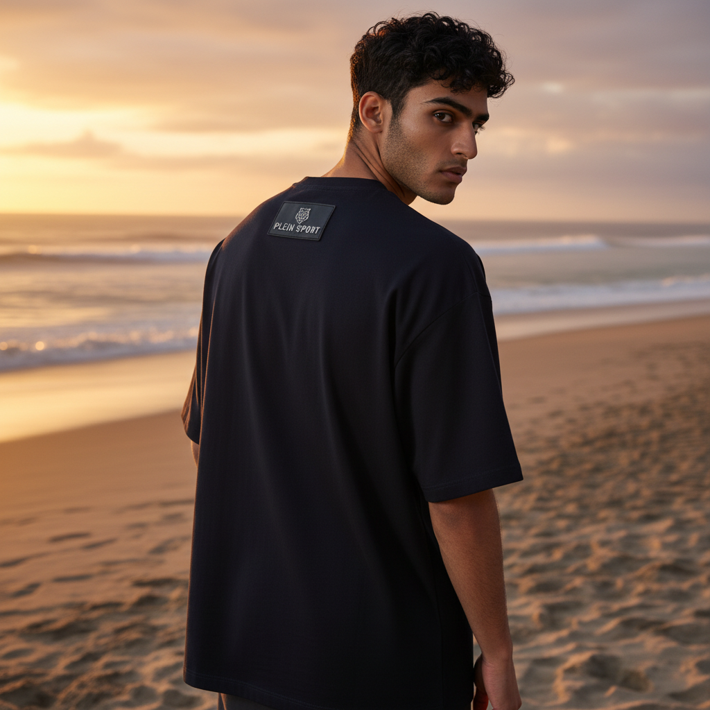 Hombre vistiendo camiseta negra Plein Sport con logo en la espalda en una playa al atardecer