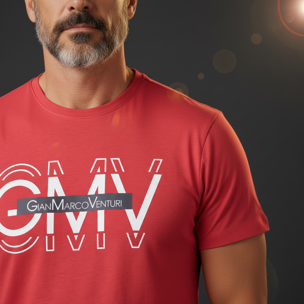Hombre vistiendo camiseta roja de manga corta con logotipo estampado de Gian Marco Venturi en liquidationlive
