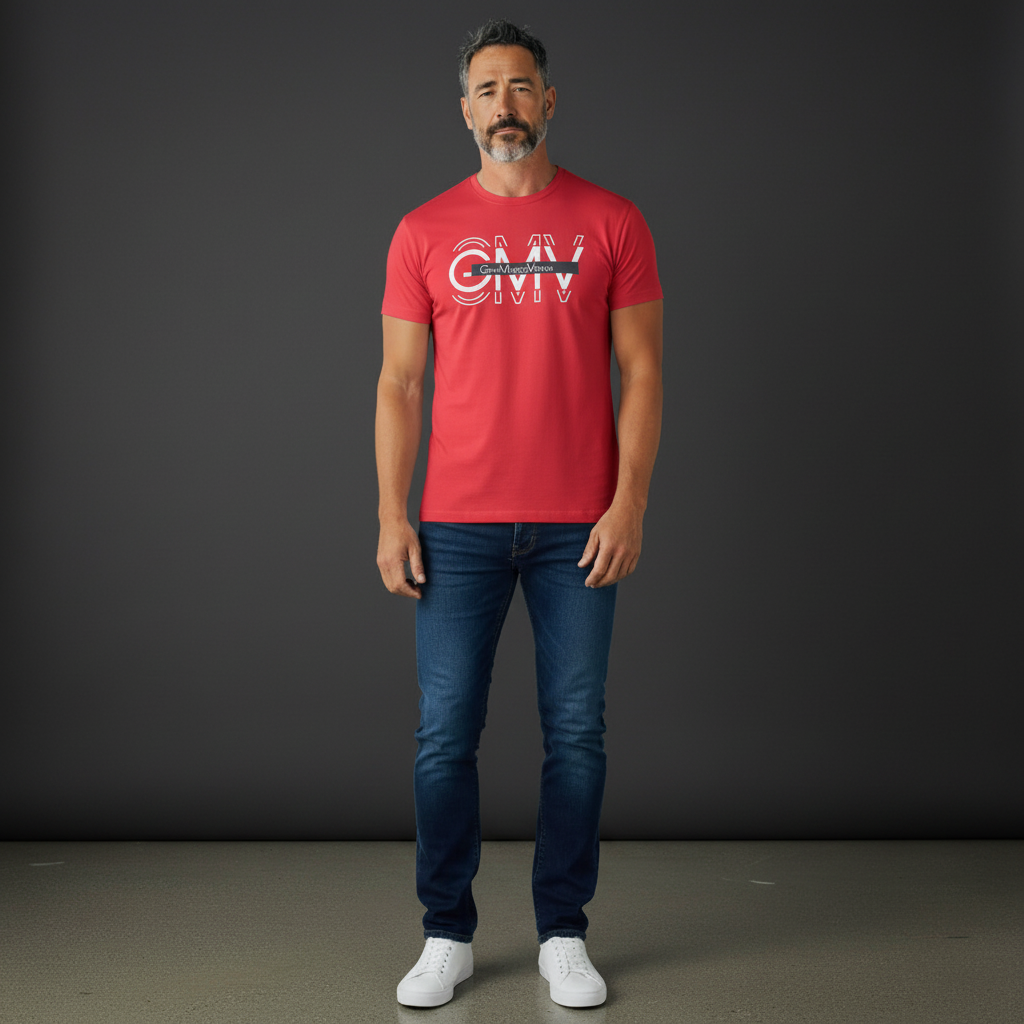 Hombre con camiseta roja de manga corta Gian Marco Venturi con estampado gráfico blanco y vaqueros azules
