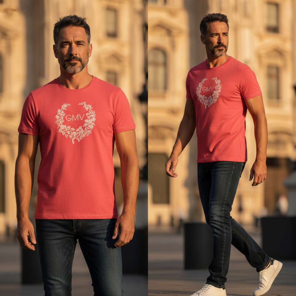 Hombre con camiseta roja de manga corta Gian Marco Venturi con logo estampado y cuello redondo en entorno urbano