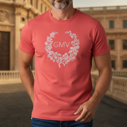 Camiseta roja de manga corta liquidationlive con logo GMV y estampado floral en el pecho sobre hombre