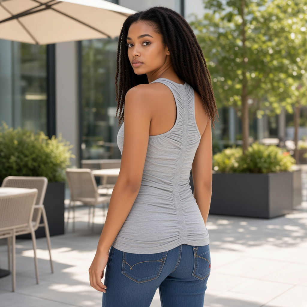 Modelo con camiseta de tirantes gris jaspeado Zuelements con espalda nadadora y frunces laterales en una terraza