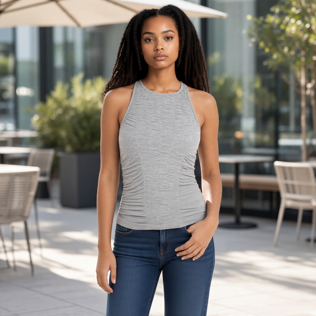Modelo con camiseta de tirantes gris jaspeado Zuelements con frunces laterales y espalda nadadora, estilo casual