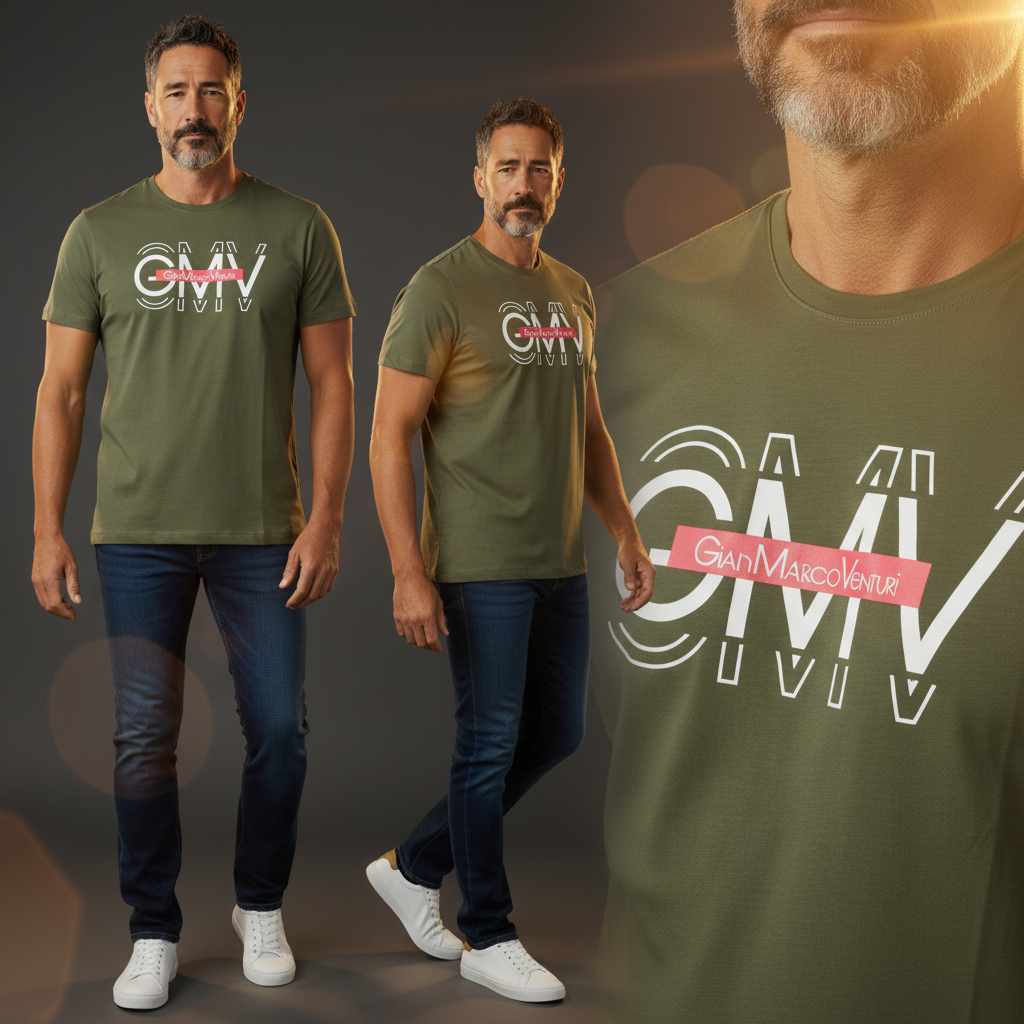 Hombre con camiseta verde militar Gian Marco Venturi de manga corta y cuello redondo con logotipo estampado