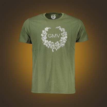 Camiseta verde militar de manga corta Gian Marco Venturi con estampado floral y logo GMV en el pecho