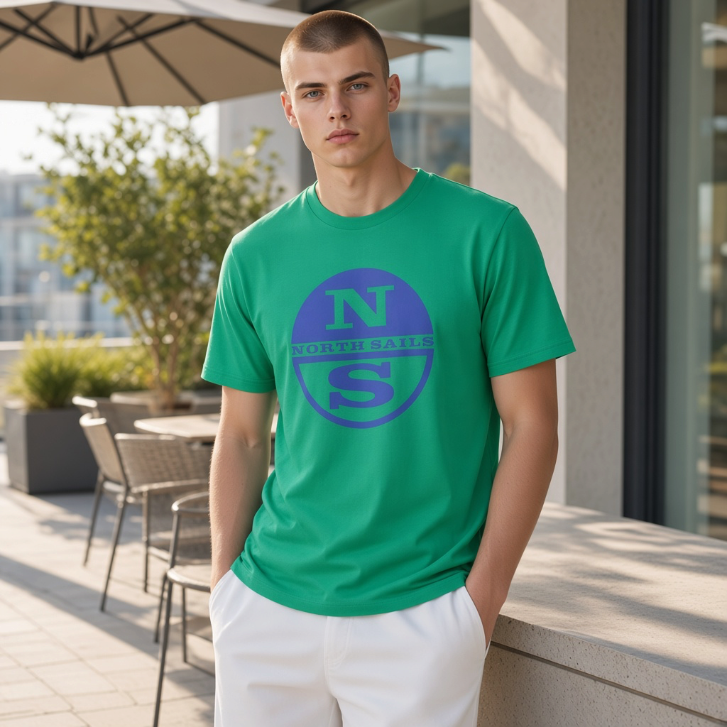 Hombre con camiseta verde de manga corta North Sails con logotipo circular estampado, estilo casual en terraza.