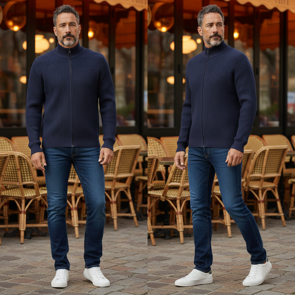 Hombre con cárdigan azul de canalé North Sails con cremallera, vaqueros y zapatillas en una terraza de cafetería.