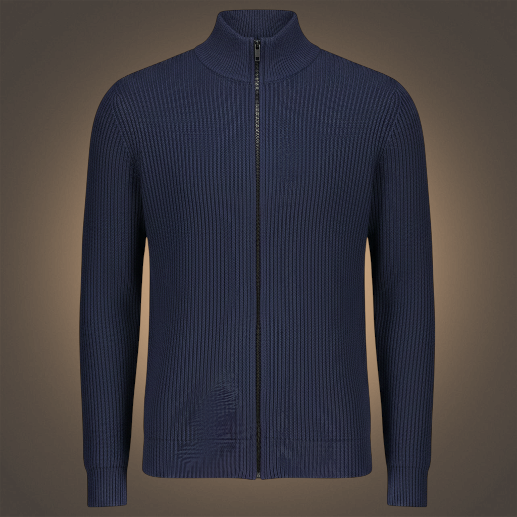 Cárdigan azul de punto canalé para hombre de liquidationlive con cremallera frontal y cuello alto