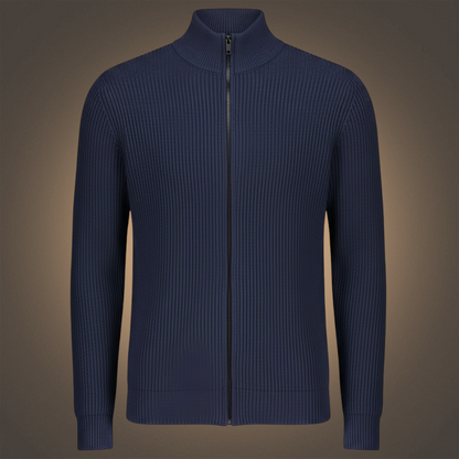Cárdigan azul de punto canalé para hombre de liquidationlive con cremallera frontal y cuello alto