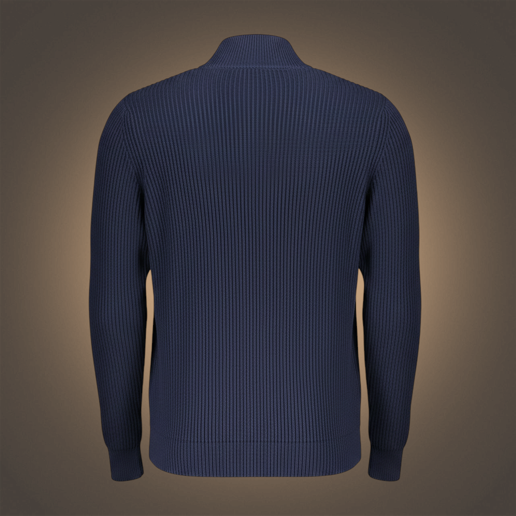 Vista trasera del cárdigan azul de punto canalé North Sails con cuello alto para hombre