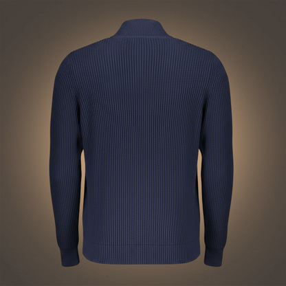 Vista trasera del cárdigan azul de punto canalé North Sails con cuello alto para hombre