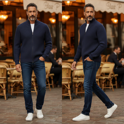 Hombre con cárdigan azul de punto con cremallera de liquidationlive, combinado con vaqueros y zapatillas blancas
