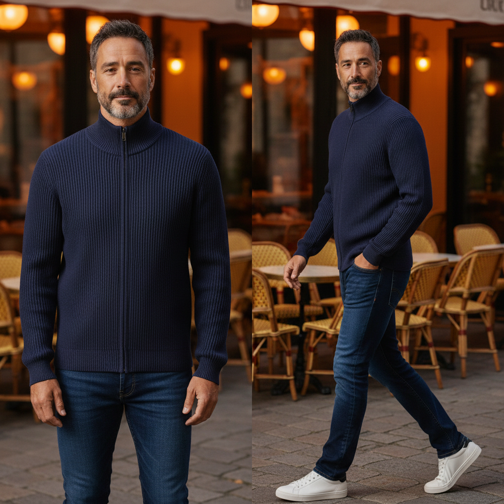 Hombre con cárdigan azul de punto canalé con cremallera de liquidationlive, combinado con vaqueros y zapatillas