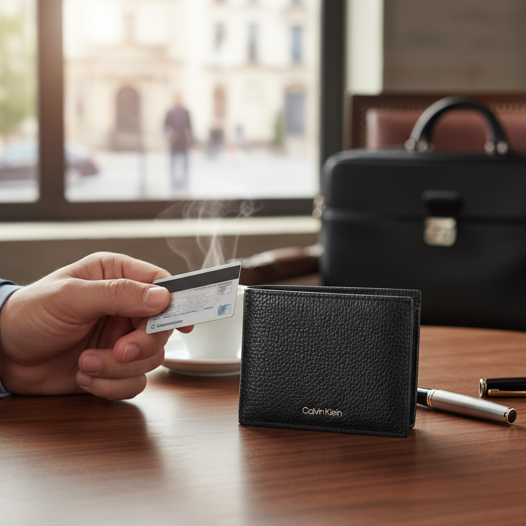 Cartera negra de piel Calvin Klein de liquidationlive sobre mesa de madera con tarjeta de crédito y maletín al fondo