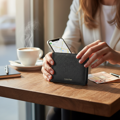 Cartera negra de piel Calvin Klein de liquidationlive con logotipo, sostenida por una mujer en una mesa de café