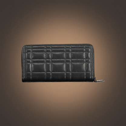 Cartera negra Calvin Klein de liquidationlive con diseño acolchado, cierre de cremallera y textura geométrica.