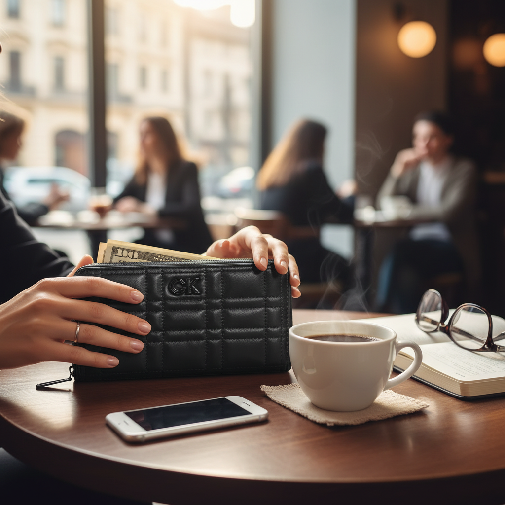 Cartera negra acolchada Calvin Klein de liquidationlive con cremallera sobre una mesa de café con taza y móvil