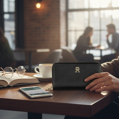 Cartera negra Tommy Hilfiger de mujer con logotipo dorado, sobre una mesa de madera en un entorno de cafetería