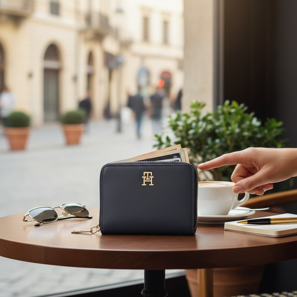 Cartera Tommy Hilfiger azul con cierre de cremallera y logo dorado sobre mesa de café, marca liquidationlive