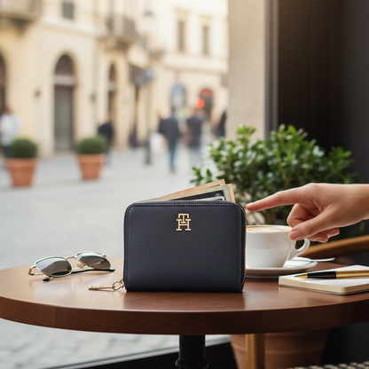 Cartera Tommy Hilfiger azul con cierre de cremallera y logo dorado sobre mesa de café, marca liquidationlive