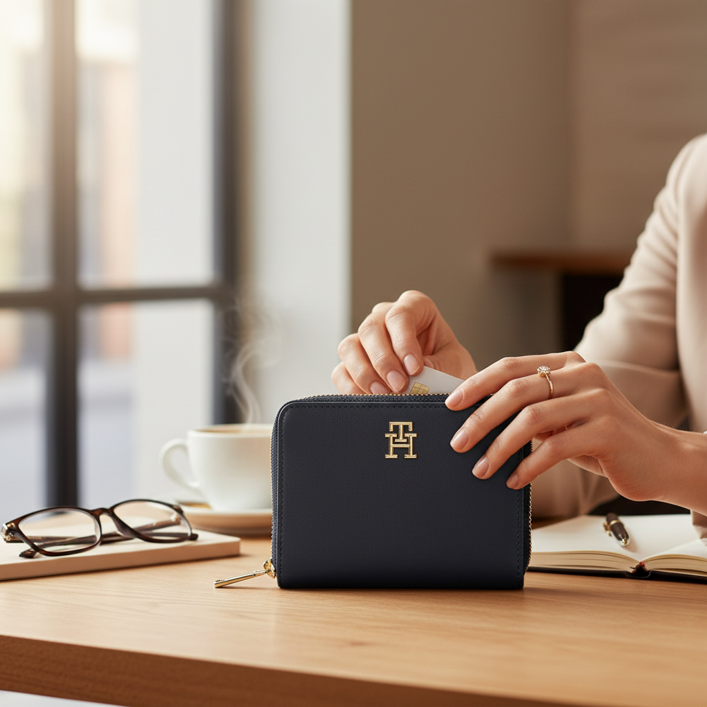 Cartera Tommy Hilfiger azul con logo dorado y cierre de cremallera sostenida por una mujer en una mesa de oficina