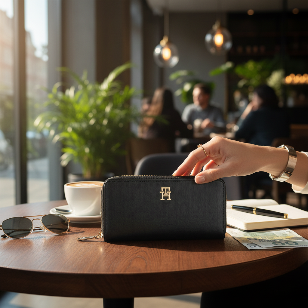 Cartera negra Tommy Hilfiger de liquidationlive con logotipo dorado, cremallera y doble espacio sobre mesa de café.