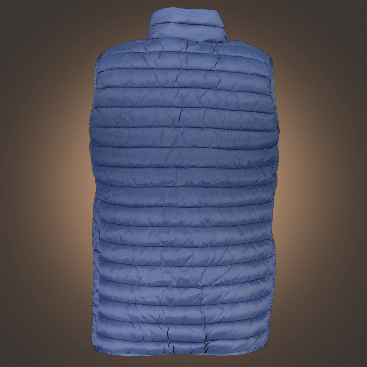 Vista trasera del chaleco de abrigo azul North Sails de liquidationlive con diseño acolchado y cuello alto