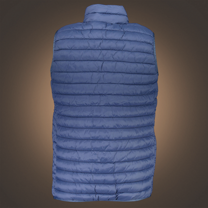 Vista trasera del chaleco de abrigo azul North Sails de liquidationlive con diseño acolchado y cuello alto