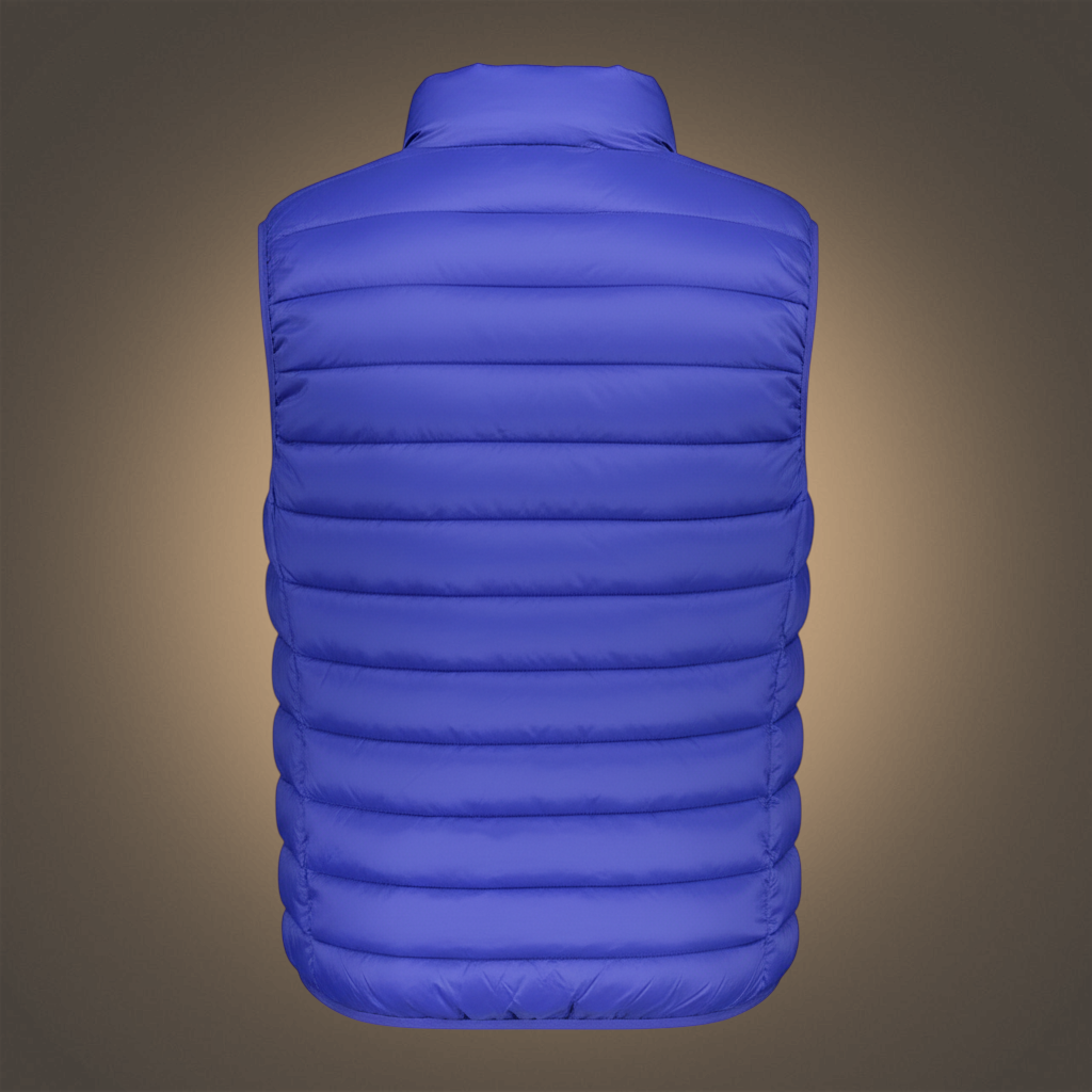 Chaleco acolchado azul para hombre de liquidationlive con diseño sin mangas y cuello alto, vista trasera.