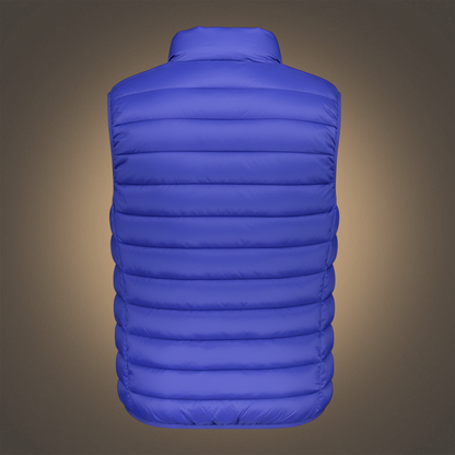 Chaleco acolchado azul para hombre de liquidationlive con diseño sin mangas y cuello alto, vista trasera.