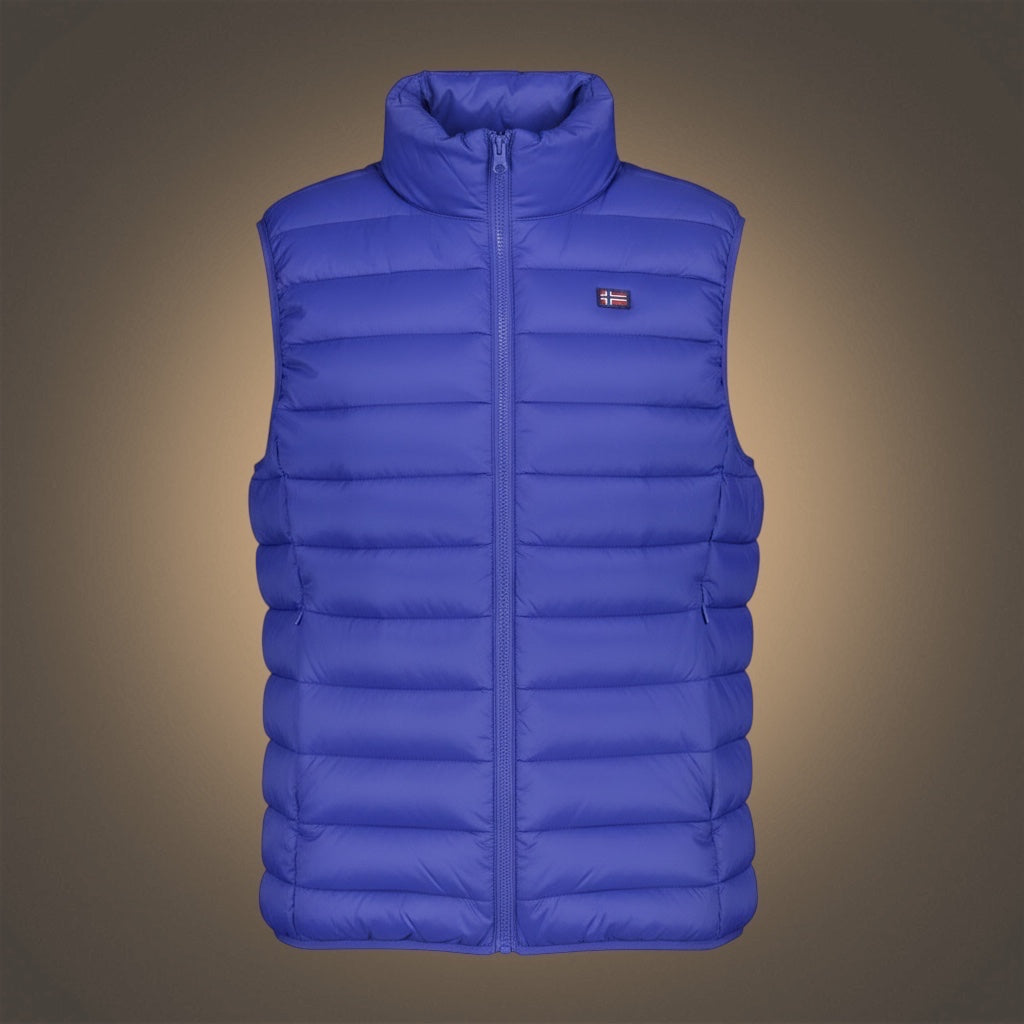 Chaleco acolchado azul para hombre de liquidationlive con cremallera, bolsillos y logo en el pecho