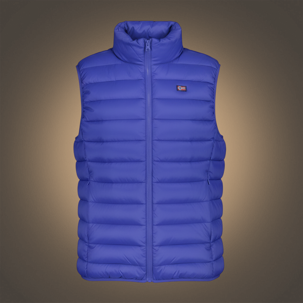 Chaleco acolchado azul de hombre liquidationlive con cremallera, bolsillos y logo de Noruega 1963 en el pecho
